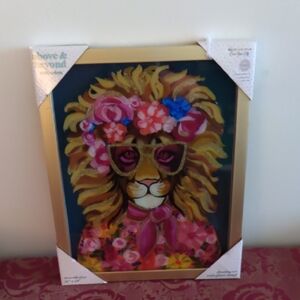 Colorful Lion Art Print, Glittered With Gold Frame.